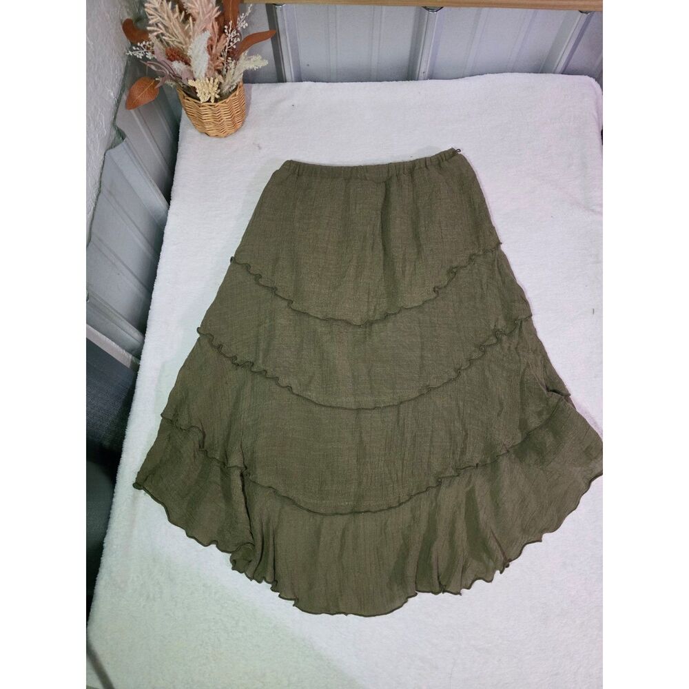 Olive Green Tiered Maxi Skirt Ruffle Boho Peasant Elastic Waist